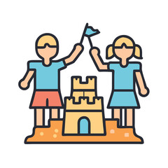 Children building sandcastle at the beach during vacation time