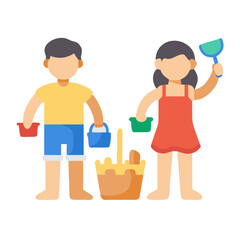 Children playing at the beach with bucket and shovel