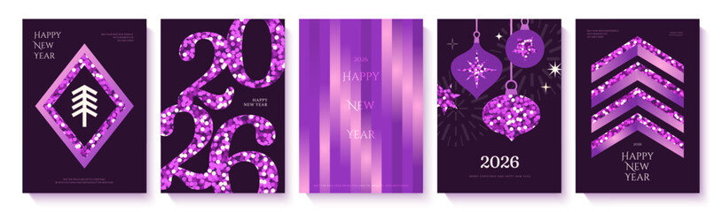 Set of vertical New Year 2026 cards in purple tones with glitter numbers, abstract fir tree, decorative ornaments, striped pattern and chevron design, for holiday greetings, vector illustration.