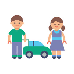Children with toy car flat illustration on black background