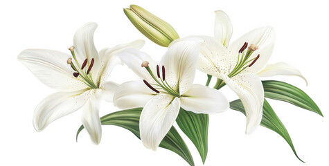 Fototapeta premium A cluster of elegant white lily flowers with prominent stamens and green leaves, isolated on transparent background, showcasing their delicate beauty