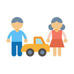 Stylized cartoon family with toy car on black background