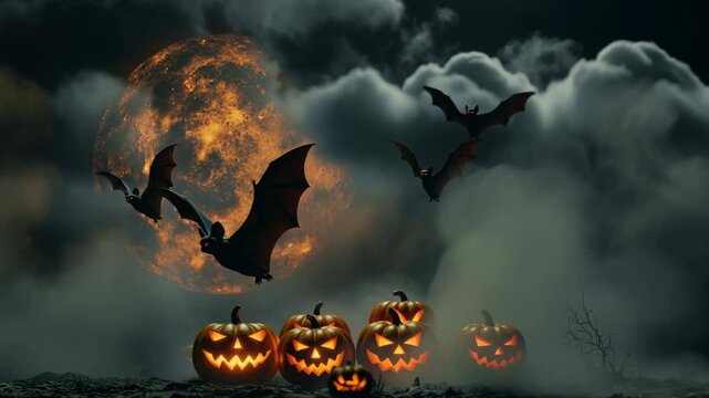 Spooky Halloween Night with Glowing Pumpkins, Bats Flying Under Full Moons Haunting Light