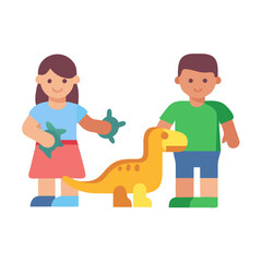 Children with toy dinosaurs and green turtles, happy childhood