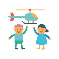 Cartoon image of kids with toy helicopter flying above