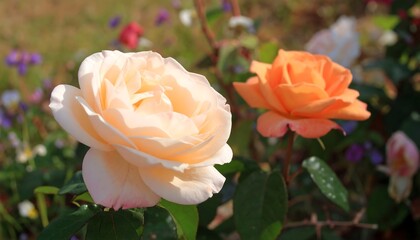 Two vibrant roses in a garden setting