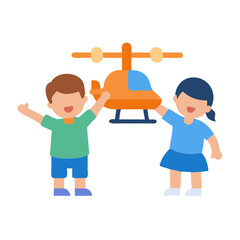 Two children joyfully playing with a toy helicopter object