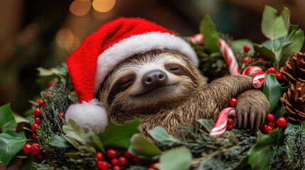 Sleepy sloth in Santa hat barely holding candy cane, half-asleep in Christmas wreath, lazy holiday vibes, funny meme-ready festive scene