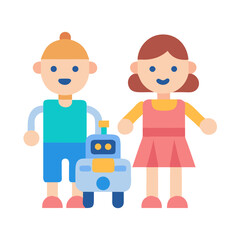 Children with robot illustration on black background for kids