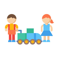 Children playing with a toy train flat vector illustration