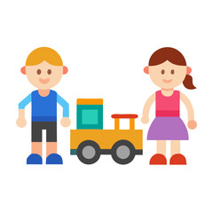 Children with a toy train in simple graphic style