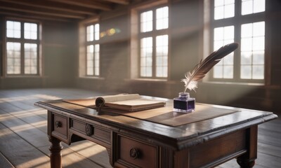 A quill pen and inkwell rest on a wooden desk with an open book in a sunlit room