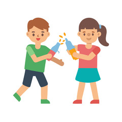 Cartoon boy and girl joyfully celebrating with bubbly drinks
