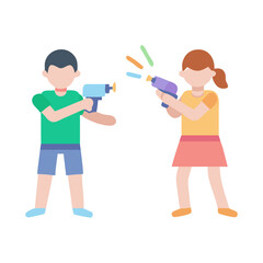 Children having water gun fight in flat illustration style