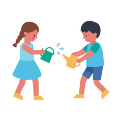 Children playfully watering each other with watering cans illustration