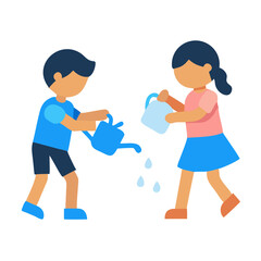 Cartoon children watering plants with watering cans on black