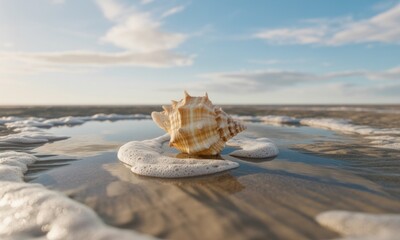 A seashell sits in shallow water, gentle waves around it, on a sandy beach at sunset