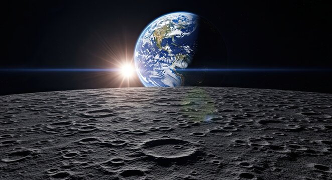 Sunrise Over Earth Seen From The Moon Surface With Craters In Foreground