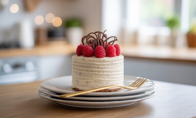 A small, round cake with raspberries and chocolate curls, placed on a stack of white plates