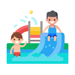 Happy children enjoying water slide fun at waterpark theme