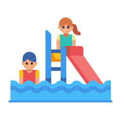 Children playing by a water slide, flat style illustration