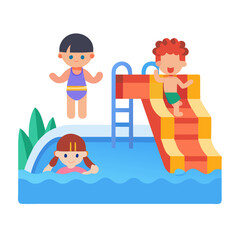 Cartoon kids enjoying the swimming pool with water slide