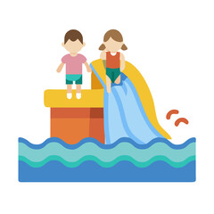 Children playing on a water slide in flat illustration