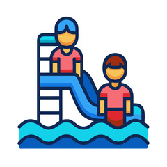 Colorful illustration of people enjoying a water park slide