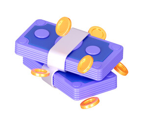 3D purple money stack with flying golden coins. Cash, finance, savings, payment, investment concept. 