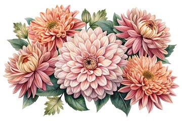 Watercolor Painting of Dahlias in Pastel Shades with Green Leaves on White