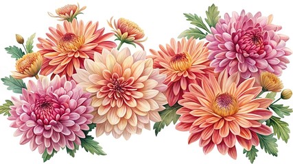 Watercolor Illustration of Beautiful Chrysanthemum Flowers in Full Bloom Arrangement