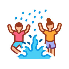 Children playing joyfully near splash in cartoon flat illustration