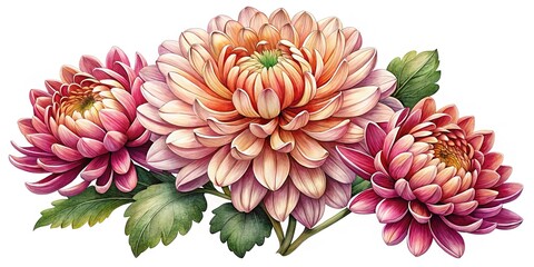 Watercolor Painting of a Trio of Chrysanthemum Flowers with Lush Green Leaves