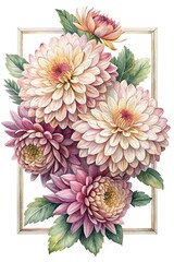 Elegant Watercolor Illustration of Dahlias in a Gold Frame for Wall Art