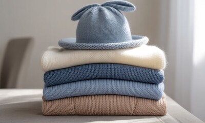 A stack of folded sweaters in varying pastel shades with a matching hat on top