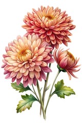 Delicate watercolor painting of vibrant Chrysanthemums on a white background artwork