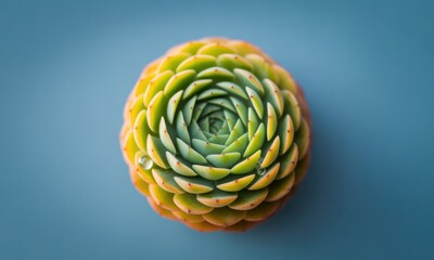 A succulent plant's perfect spiral, top-down view, with water droplet against a teal backdrop