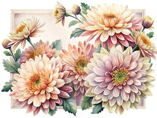 Delicate Watercolor Chrysanthemum Bouquet in a Cream Colored Rectangular Frame