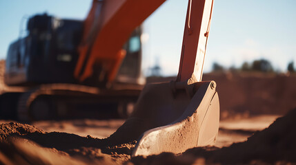 Construction excavator in operation. Close-up view of a digging bucket scooping dirt on a construction site against clear sky and dusty backdrop.