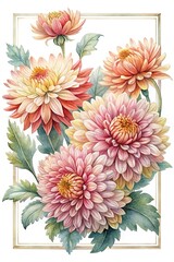 Elegant Chrysanthemum Bouquet Watercolor Painting with a Golden Frame