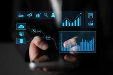 Data flow from database and cloud to processing and analytics dashboards, representing data...