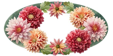 Elegant Watercolor Floral Wreath with Dahlias and Greenery Illustration Art