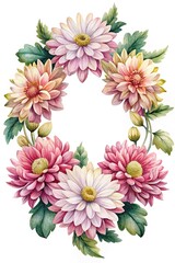 Watercolor Floral Wreath with Pink and White Daisies and Green Leaves
