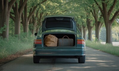 A teal car with an open trunk reveals two packed bags, on a tree-lined road