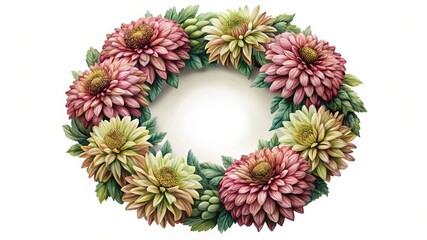 Elegant floral wreath with pink and yellow dahlia flowers and green leaves