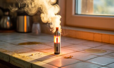 A vaporizer exhales thick smoke on a countertop, beside a window in a sunlit kitchen