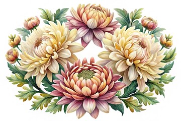 Watercolor painting of chrysanthemums in cream, pink and peach shades, isolated art