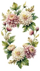 Elegant watercolor floral arrangement of chrysanthemums with leaves and buds, a serene design