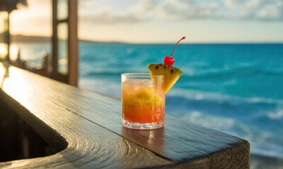 A tropical drink sits on a wooden ledge overlooking a turquoise ocean and cloudy sky