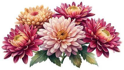 Exquisite Watercolor Painting of Chrysanthemum Flowers in Full Bloom on White Background